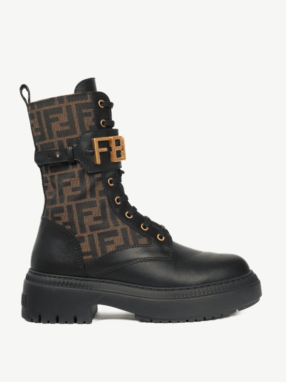 Fendi Fendigraphy Black Leather & Brown FF Pattern Combat Boots